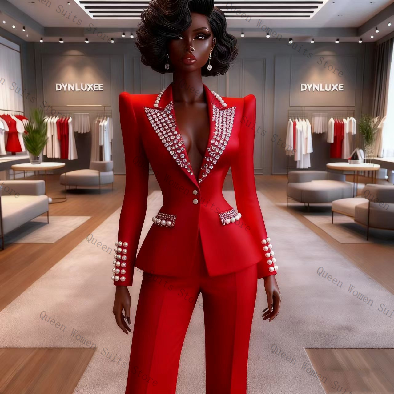 Women'S Red Formal Wear - Pearls Red Women Suit Pants Set