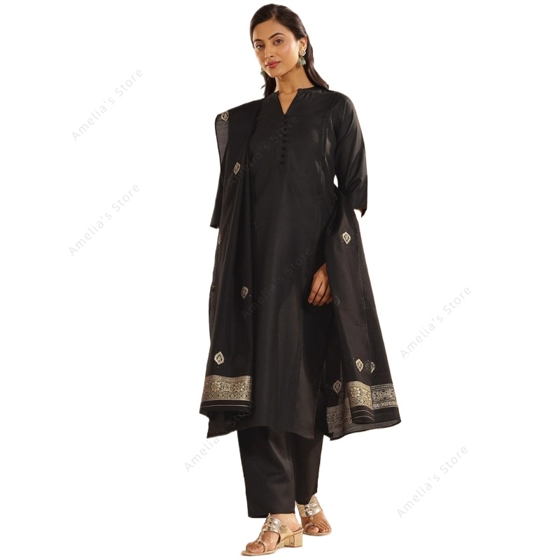 Women'S Formal Traditional Wear - Women's Black Jacquard Kurta Pant Dupatta